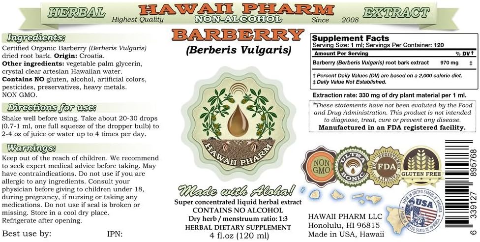 Organic Barberry Alcohol-Free Liquid Extract - 2 oz Glycerite from Hawaii Pharm