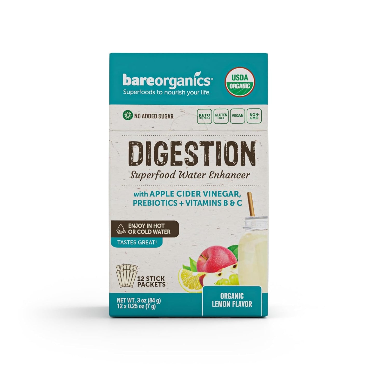 Organic BareOrganics On-The-Go Digestion Superfood Water Enhancer Stick Packs, 12 Count