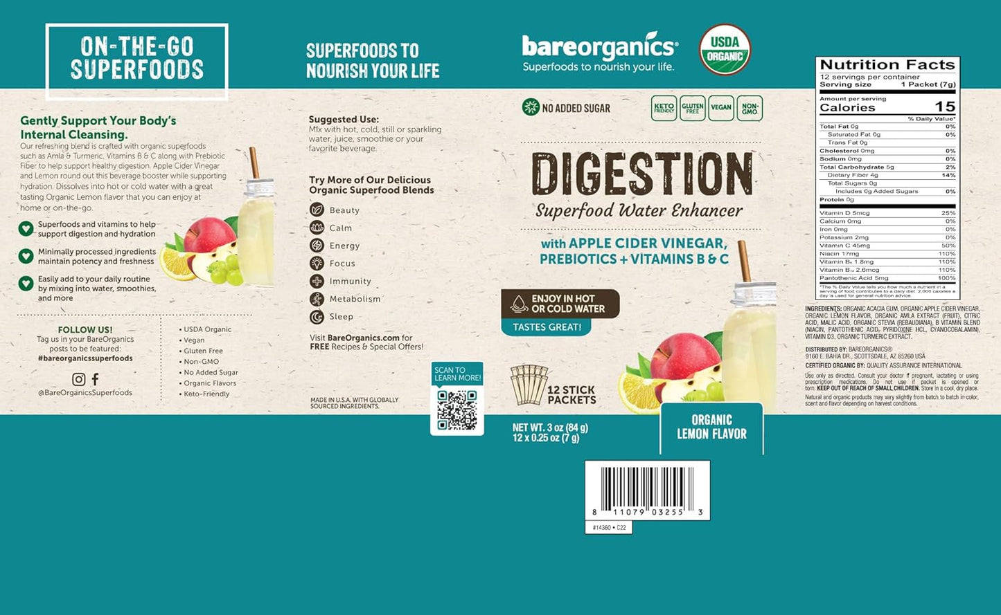 Organic BareOrganics On-The-Go Digestion Superfood Water Enhancer Stick Packs, 12 Count