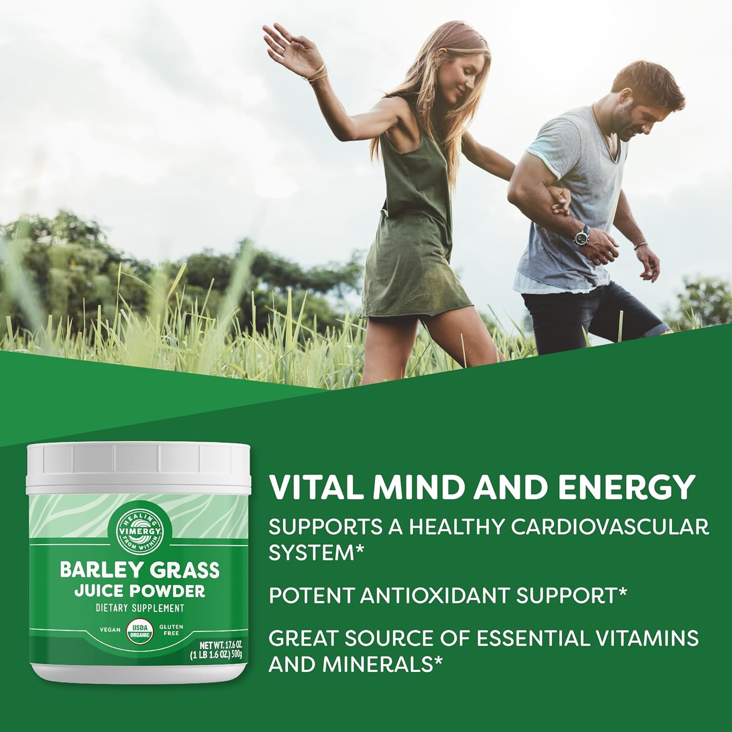Organic Barley Grass Juice Powder - Superfood for Cardiovascular Health - Vegan & Gluten-Free - 500g Value Size by Vimergy - BoostGo Australia