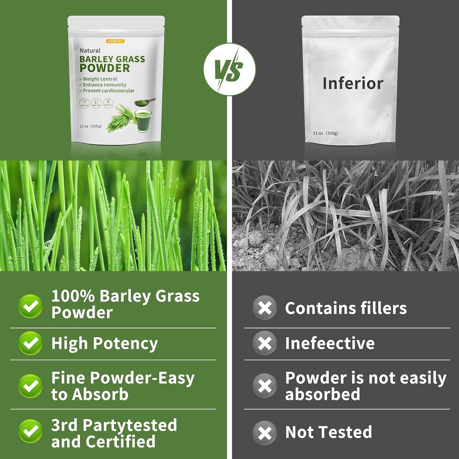 Organic Barley Grass Juice Powder 11 oz - Pure Wheatgrass Powder, Vegan, No Maltodextrin or Sugar - Hudetex