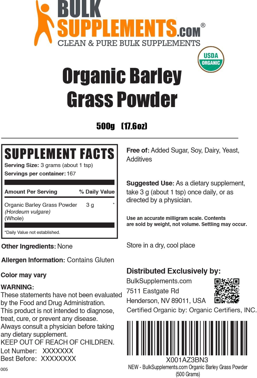 Organic Barley Grass Powder - Vegan-Friendly Green Superfood Supplement, 3g per Serving, 500g (1.1 lbs) Pack of 1