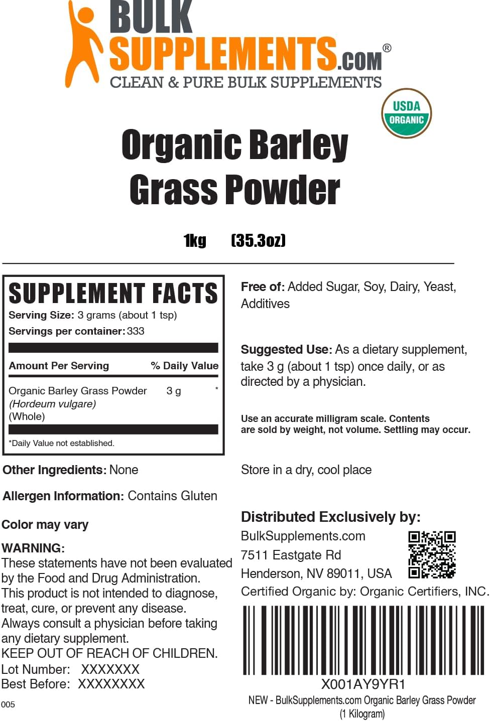 Organic Barley Grass Powder - Vegan-Friendly Green Superfood, 1kg (2.2 lbs) - BulkSupplements