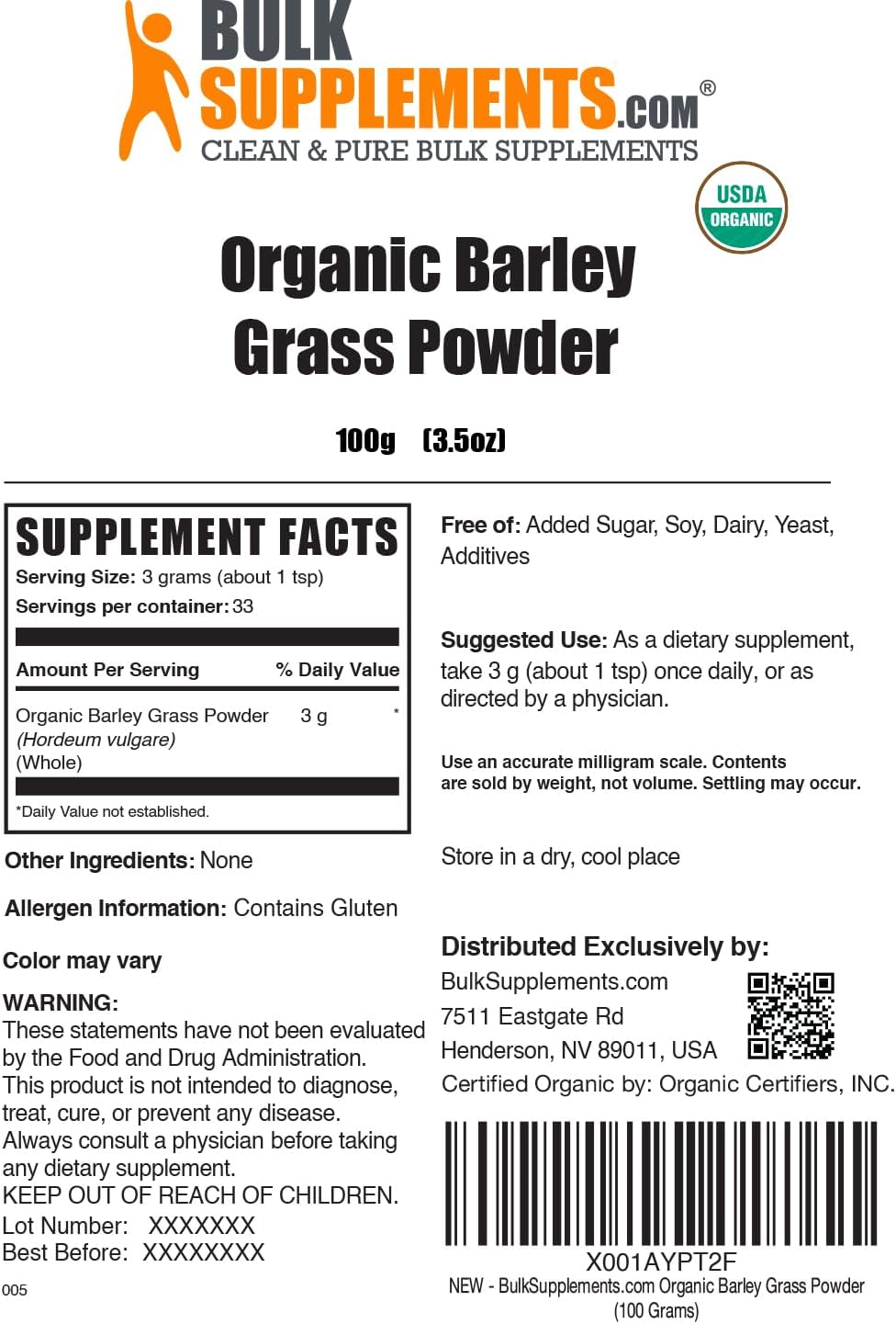 Organic Barley Grass Powder - Vegan-Friendly Green Superfood Powder - 100g (3.5 oz) Pack of 1 - 3g per Serving