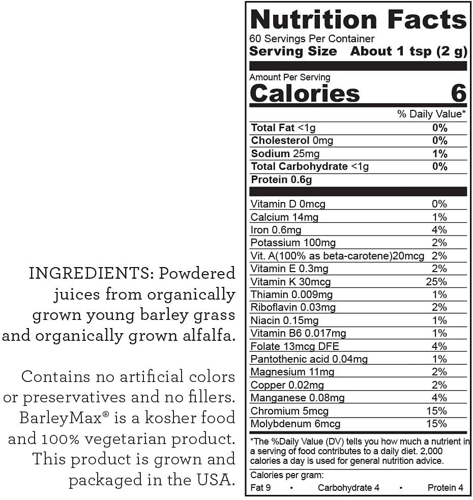 Organic BarleyMax Juice Powder - Original Blend of Barley and Alfalfa Grass, 4.2oz (30 Day Supply)