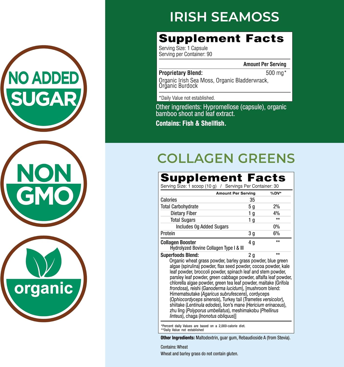 Organic Beauty Pack with Collagen, Greens, and Irish Sea Moss for Skin, Hair, Nails, and Joints - Ultimate Beauty Support Gift (Pack of 2)