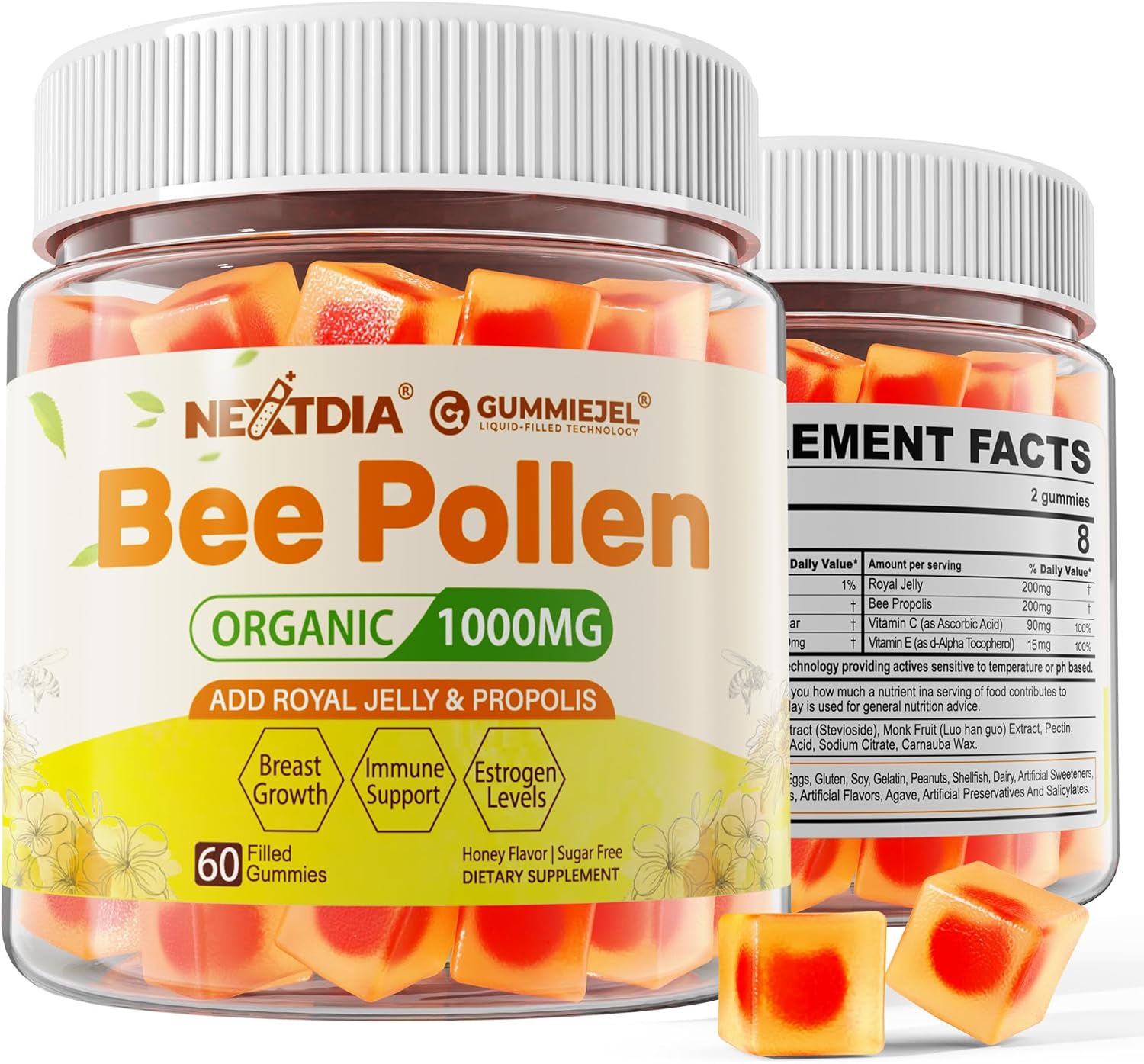 Organic Bee Pollen Gummies 1000mg with Propolis & Royal Jelly - Sugar Free B-Vitamin & Antioxidant Rich Supplement for Energy, Skin & Immune Support - Nextdia (1 Pack)
