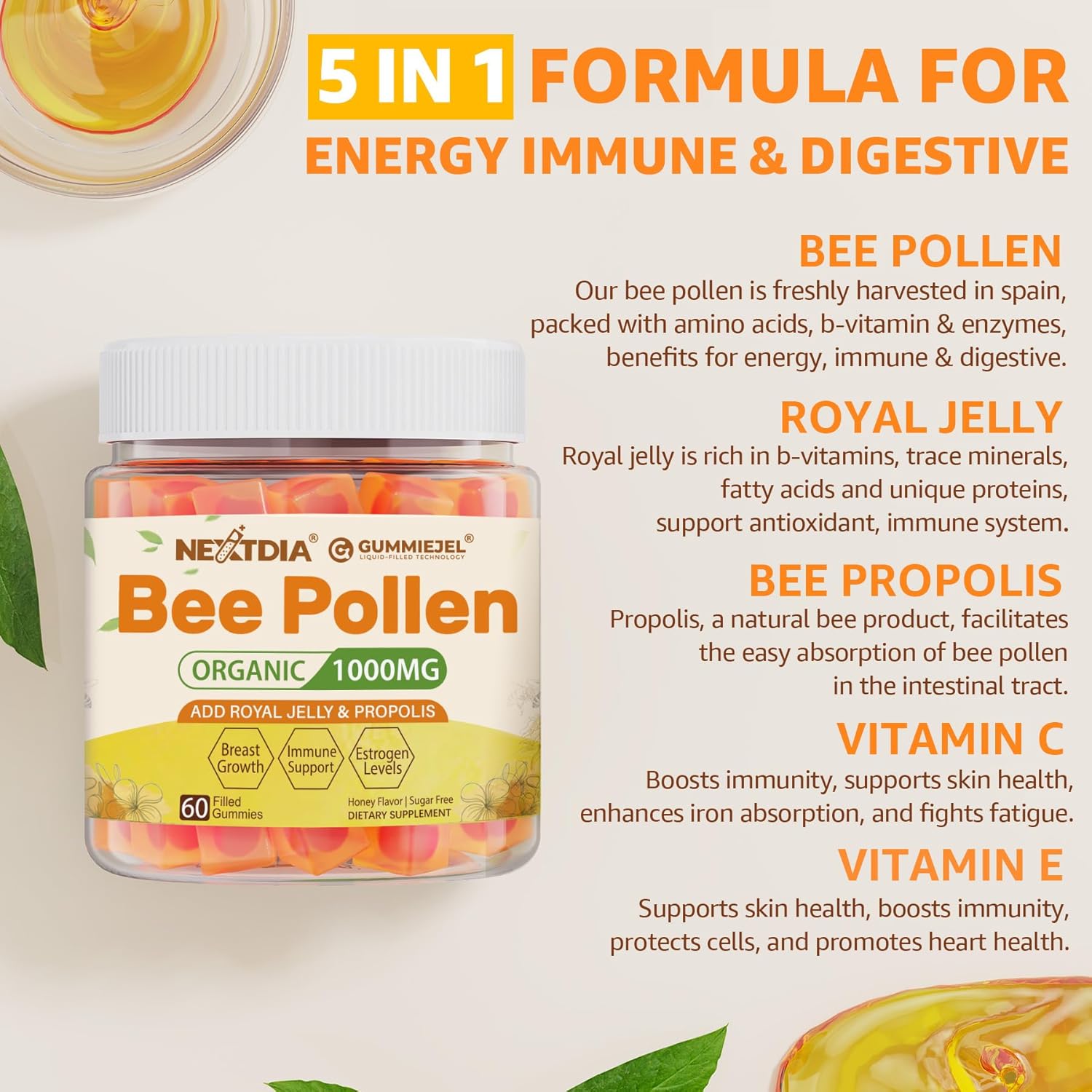 Organic Bee Pollen Gummies 1000mg with Propolis & Royal Jelly - Sugar Free B-Vitamin & Antioxidant Rich Supplement for Energy, Skin & Immune Support - Nextdia (1 Pack)