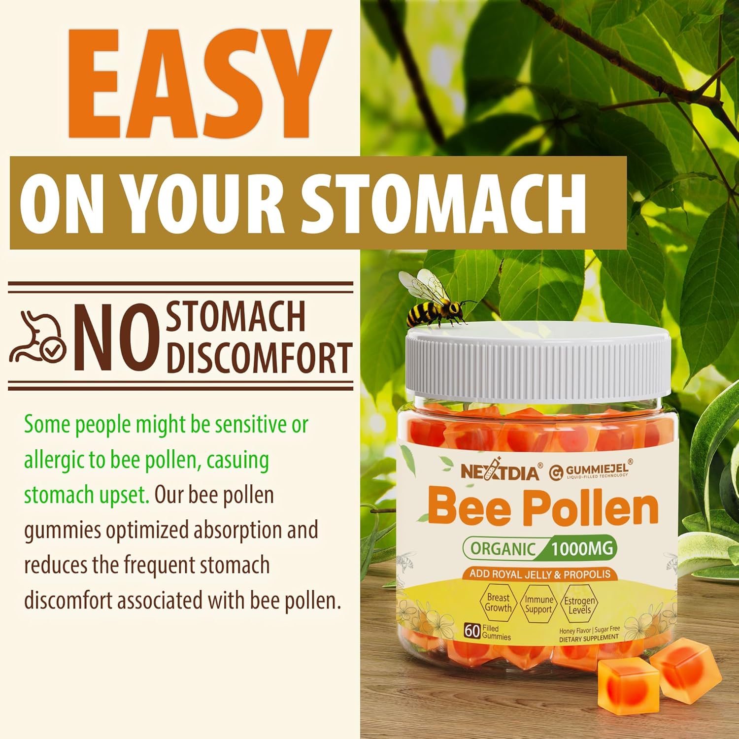 Organic Bee Pollen Gummies 1000mg with Propolis & Royal Jelly - Sugar Free B-Vitamin & Antioxidant Rich Supplement for Energy, Skin & Immune Support - Nextdia (1 Pack)