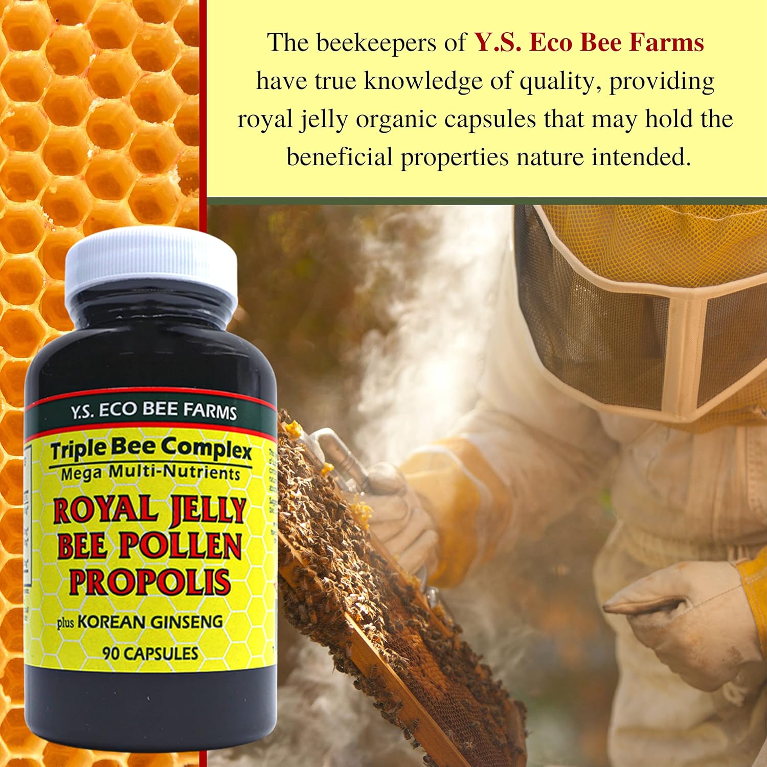 Organic Bee Pollen Supplement with Royal Jelly, Propolis, and Korean Ginseng - 90 Ct - Health and Wellness by Y.S. Eco Bee Farms