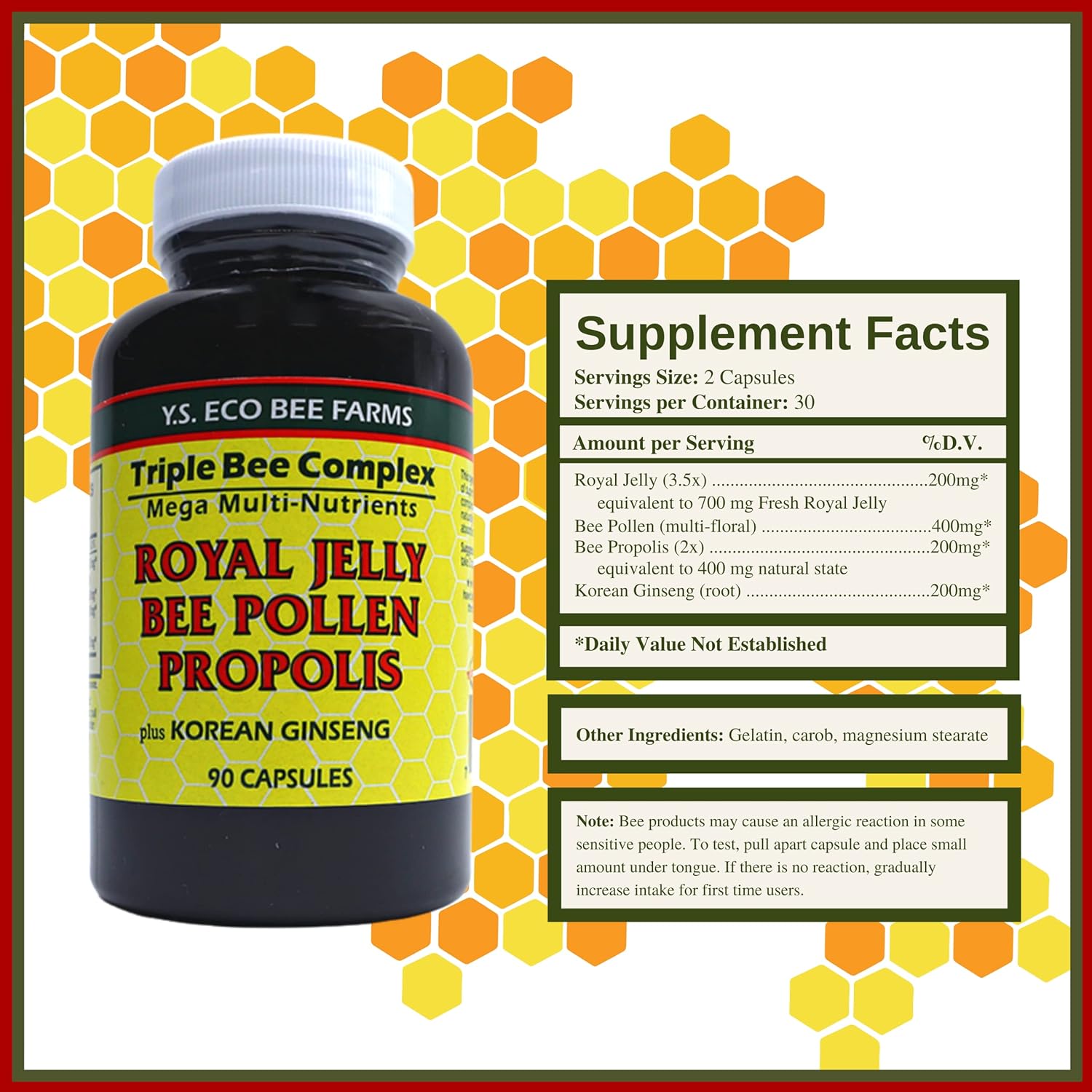 Organic Bee Pollen Supplement with Royal Jelly, Propolis, and Korean Ginseng - 90 Ct - Health and Wellness by Y.S. Eco Bee Farms