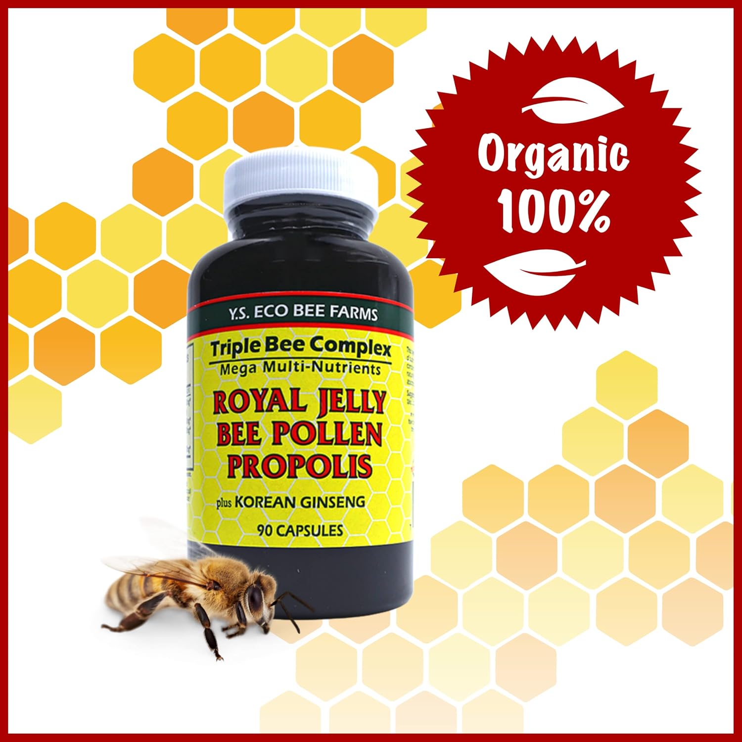Organic Bee Pollen Supplement with Royal Jelly, Propolis, and Korean Ginseng - 90 Ct - Health and Wellness by Y.S. Eco Bee Farms