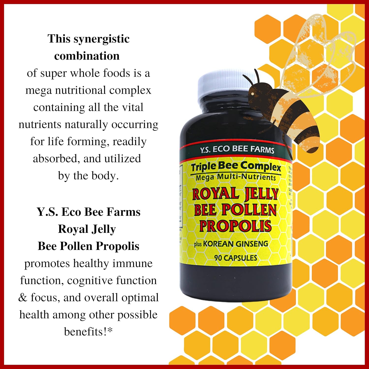 Organic Bee Pollen Supplement with Royal Jelly, Propolis, and Korean Ginseng - 90 Ct - Health and Wellness by Y.S. Eco Bee Farms