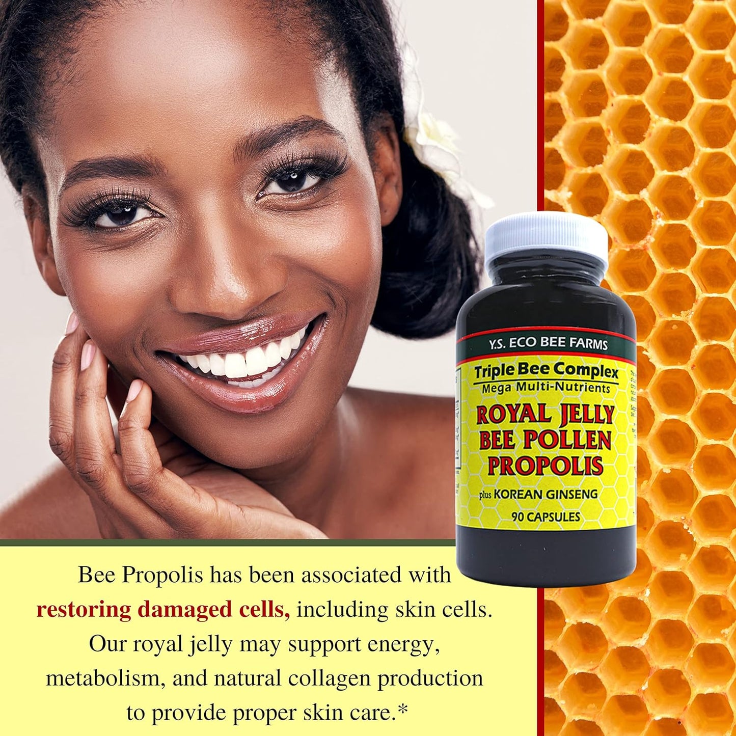 Organic Bee Pollen Supplement with Royal Jelly, Propolis, and Korean Ginseng - 90 Ct - Health and Wellness by Y.S. Eco Bee Farms