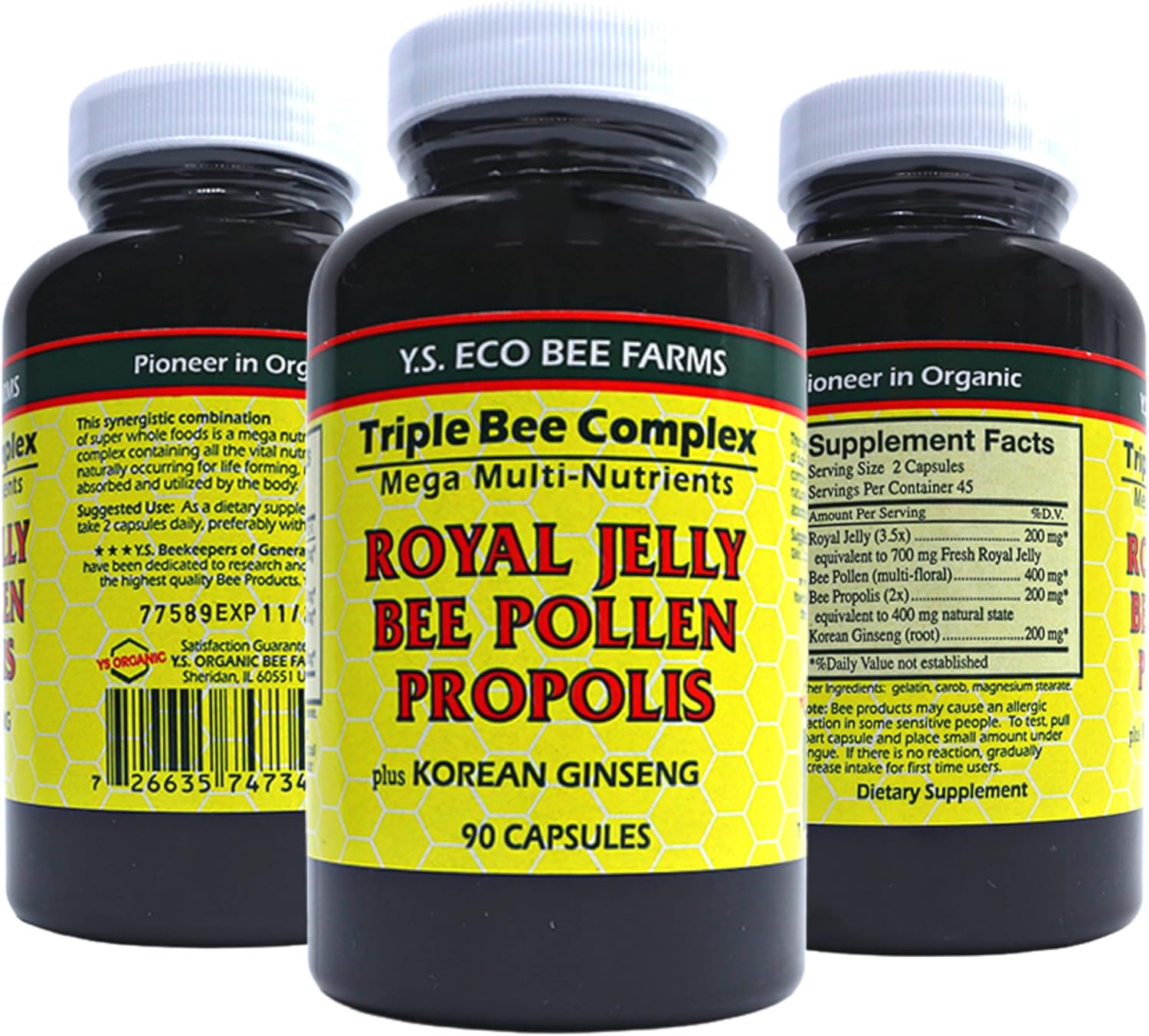 Organic Bee Pollen Supplement with Royal Jelly, Propolis, and Korean Ginseng - 90 Ct - Health and Wellness by Y.S. Eco Bee Farms
