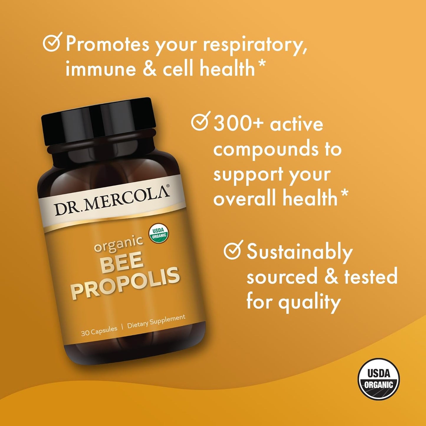 Organic Bee Propolis Capsules - 30 Servings, Dietary Supplement for Respiratory Health, Non-GMO, Certified USDA Organic by Dr. Mercola