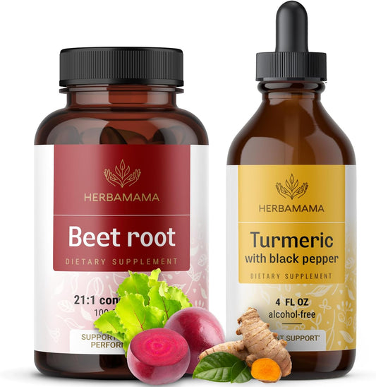 Organic Beet Root and Turmeric Tincture Bundle - 2 Pack of 21:1 Concentrate with Black Pepper - Vegan, Non-GMO, Sugar & Alcohol-Free