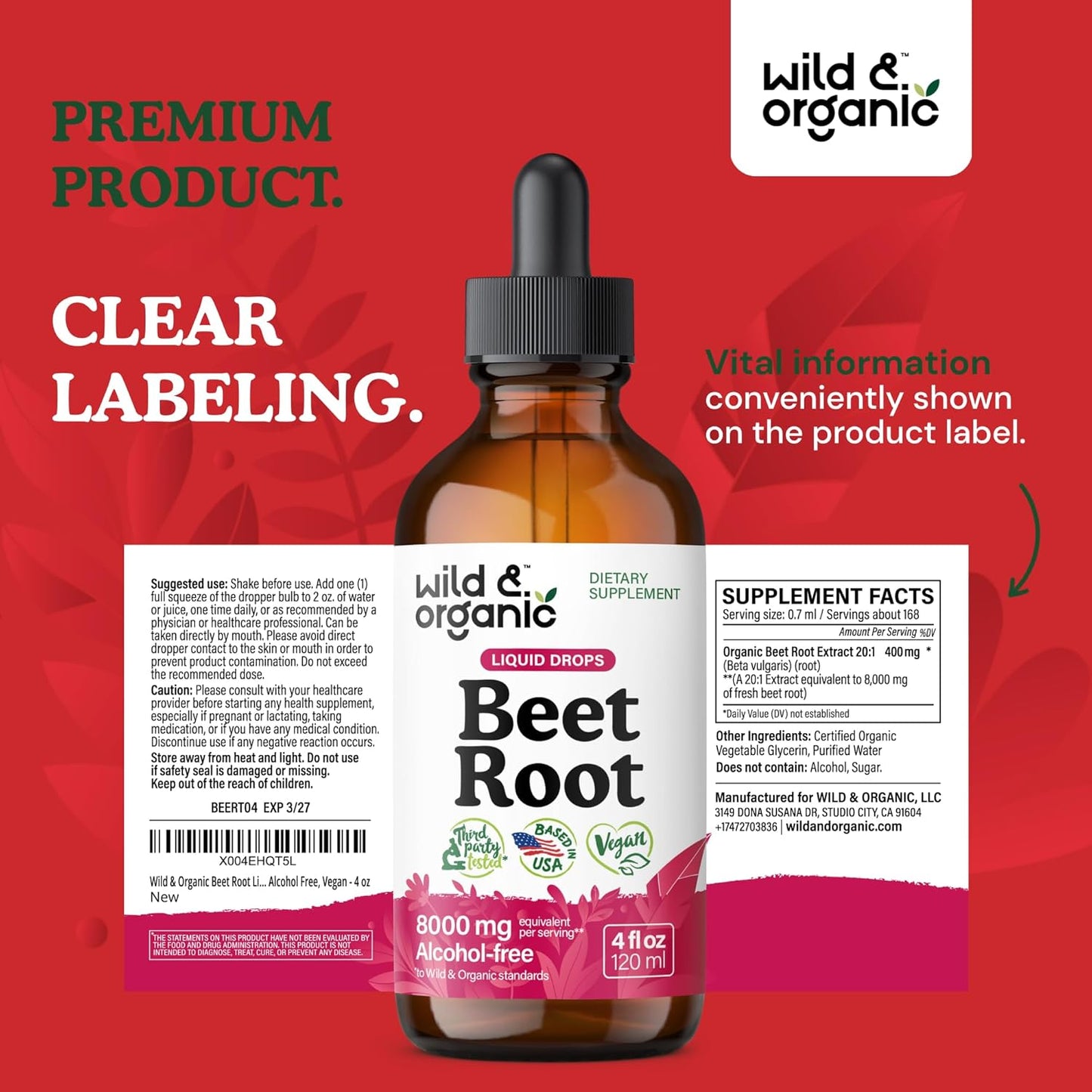 Organic Beet Root Extract Drops - 8000 mg Fresh Beetroot Equivalent - 20:1 Extract - Red Beets Liquid Supplement - 400 mg Serving - Vegan, Alcohol & Sugar-Free - 4 fl oz
