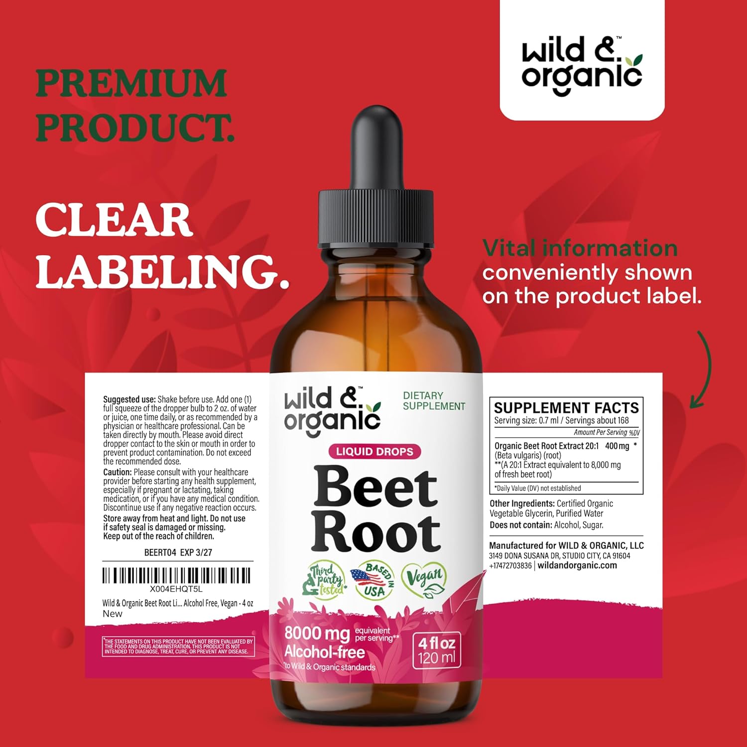 Organic Beet Root Extract Drops - 8000 mg Fresh Beetroot Equivalent - 20:1 Extract - Red Beets Liquid Supplement - 400 mg Serving - Vegan, Alcohol & Sugar-Free - 4 fl oz