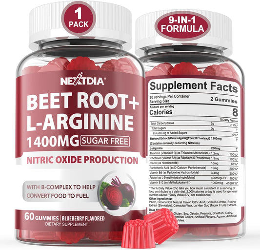 Organic Beet Root Gummies with L-Arginine 1400mg and B Vitamins for Energy and Circulation Support - 60 Ct Vegan Supplements