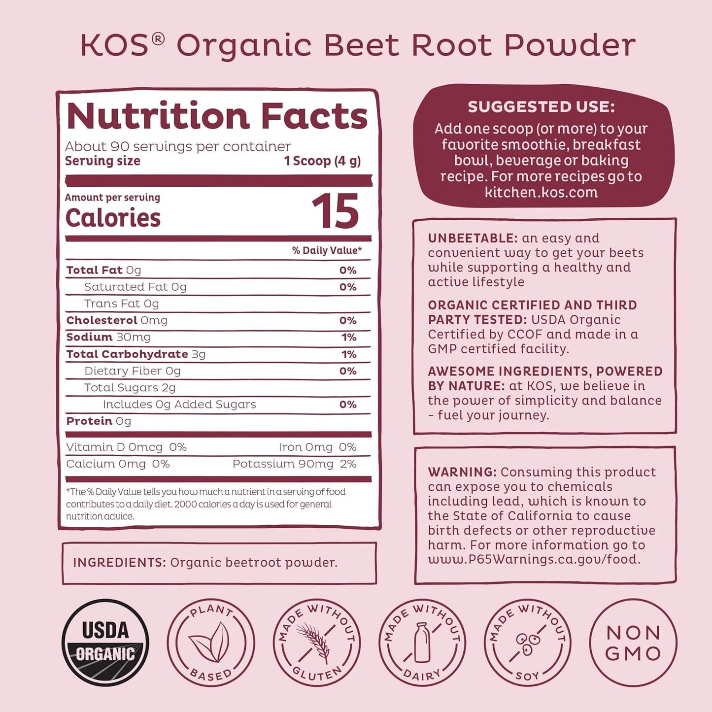 Organic Beet Root Powder - USDA Certified, Non-GMO, Gluten & Soy Free - 90 Servings