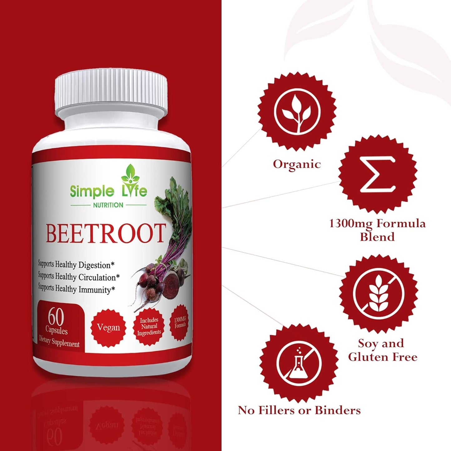 Organic Beet Root Powder Capsules - Nitric Oxide Booster for Men & Women - Non-GMO Gluten Free Vegan - 60CT