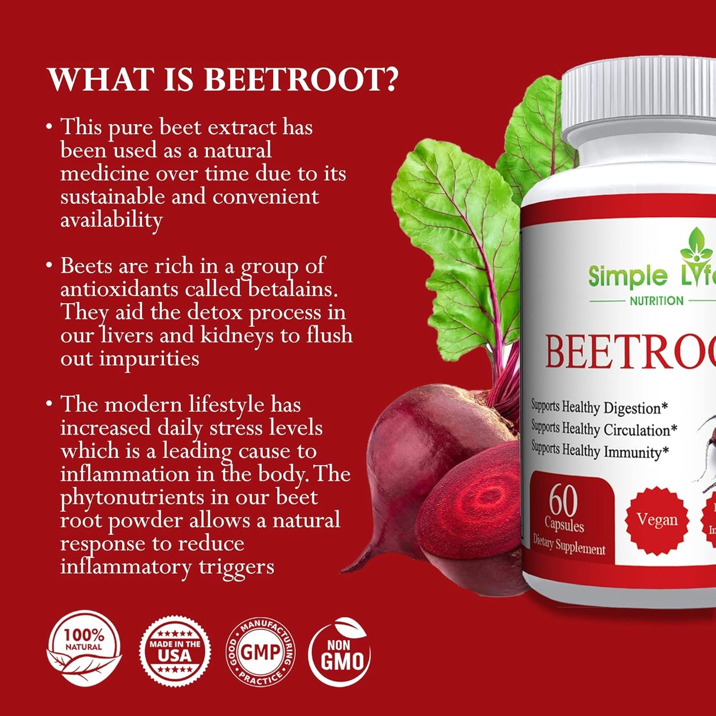 Organic Beet Root Powder Capsules - Nitric Oxide Booster for Men & Women - Non-GMO Gluten Free Vegan - 60CT