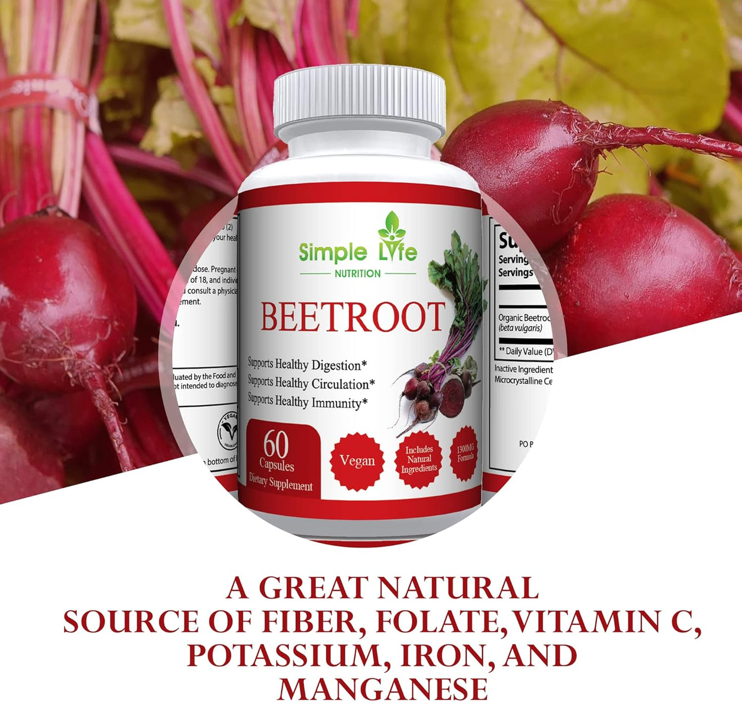 Organic Beet Root Powder Capsules - Nitric Oxide Booster for Men & Women - Non-GMO Gluten Free Vegan - 60CT
