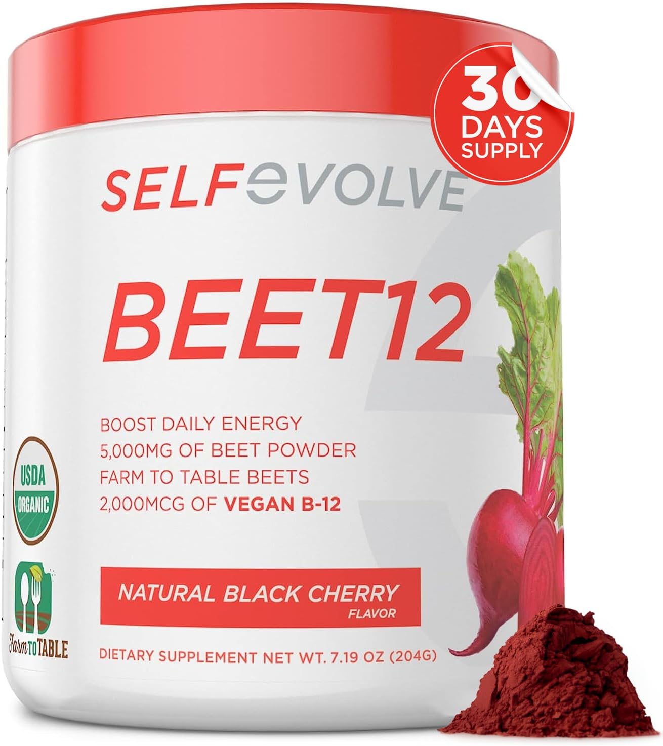 Organic Beet12 Powder with Vitamin B12 and Nitric Oxide Booster - Natural Energy Support with Black Cherry Flavor, 30 Servings