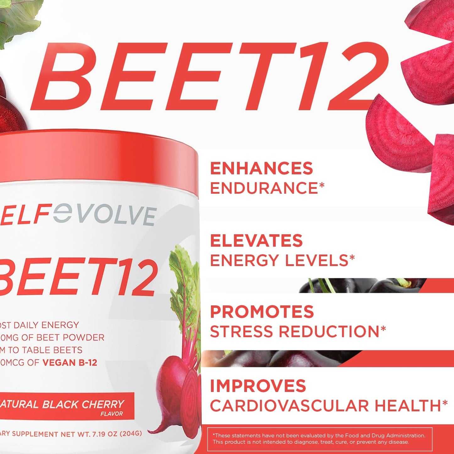 Organic Beet12 Powder with Vitamin B12 and Nitric Oxide Booster - Natural Energy Support with Black Cherry Flavor, 30 Servings