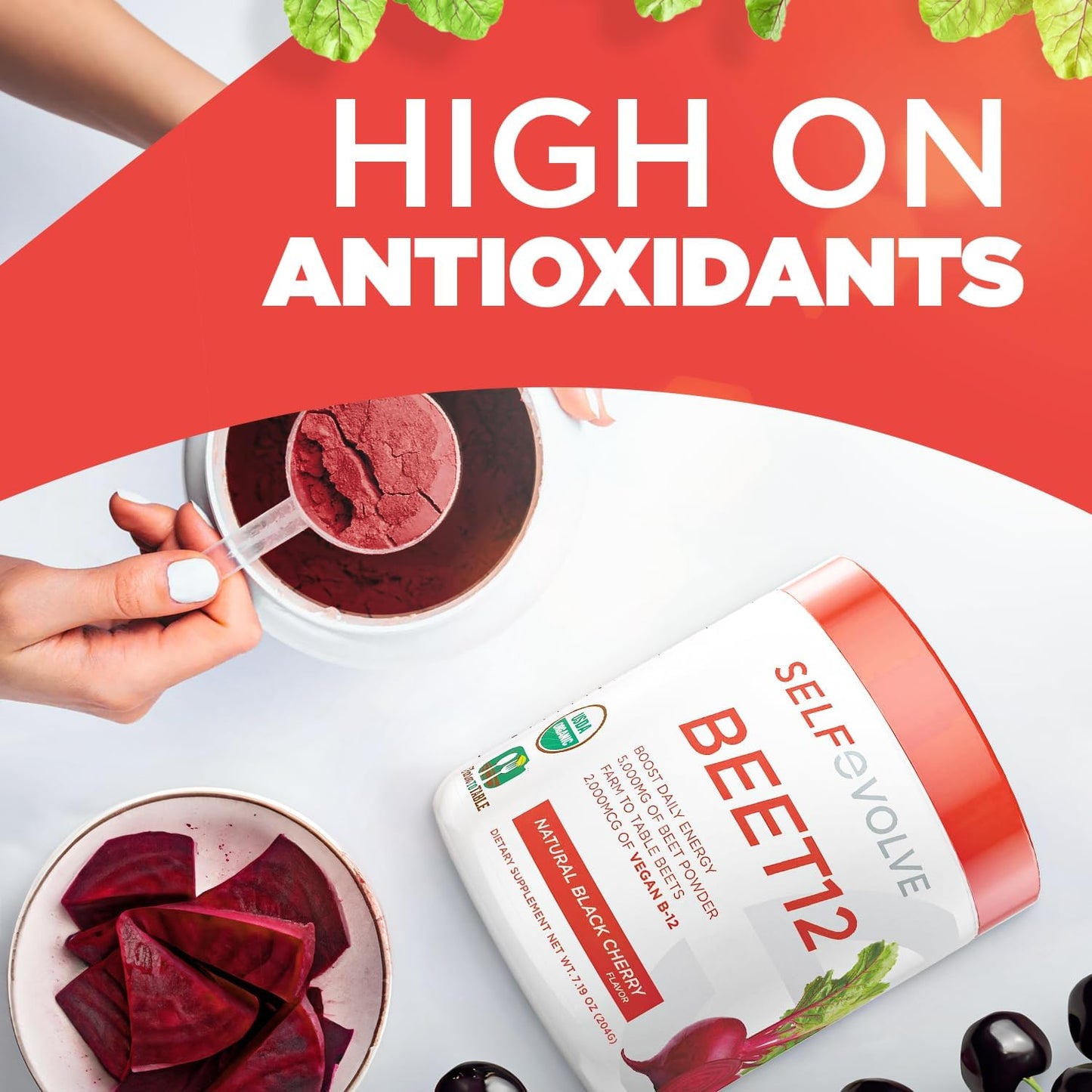 Organic Beet12 Powder with Vitamin B12 and Nitric Oxide Booster - Natural Energy Support with Black Cherry Flavor, 30 Servings