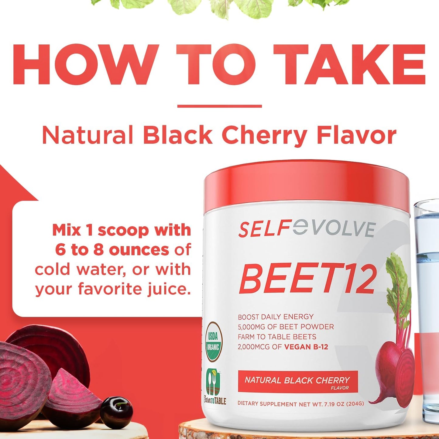 Organic Beet12 Powder with Vitamin B12 and Nitric Oxide Booster - Natural Energy Support with Black Cherry Flavor, 30 Servings