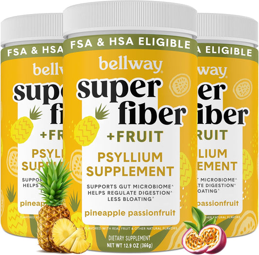 Organic Bellway Super Fiber Powder with Fruit (3 Pack) - Sugar Free Psyllium Husk Supplement for Regularity, Bloating Relief & Gut Health - Pineapple Passion Fruit Flavor - Plant-Based - 150 Servings