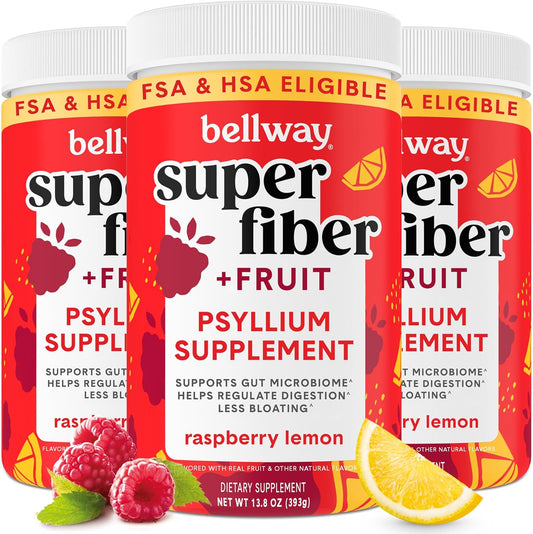 Organic Bellway Super Fiber Powder with Fruit (3 Pack) - Sugar-Free Psyllium Husk Supplement for Gut Health, Regularity, Bloating Relief - Non-GMO, Plant-Based Raspberry Lemon Flavor (150 Servings)