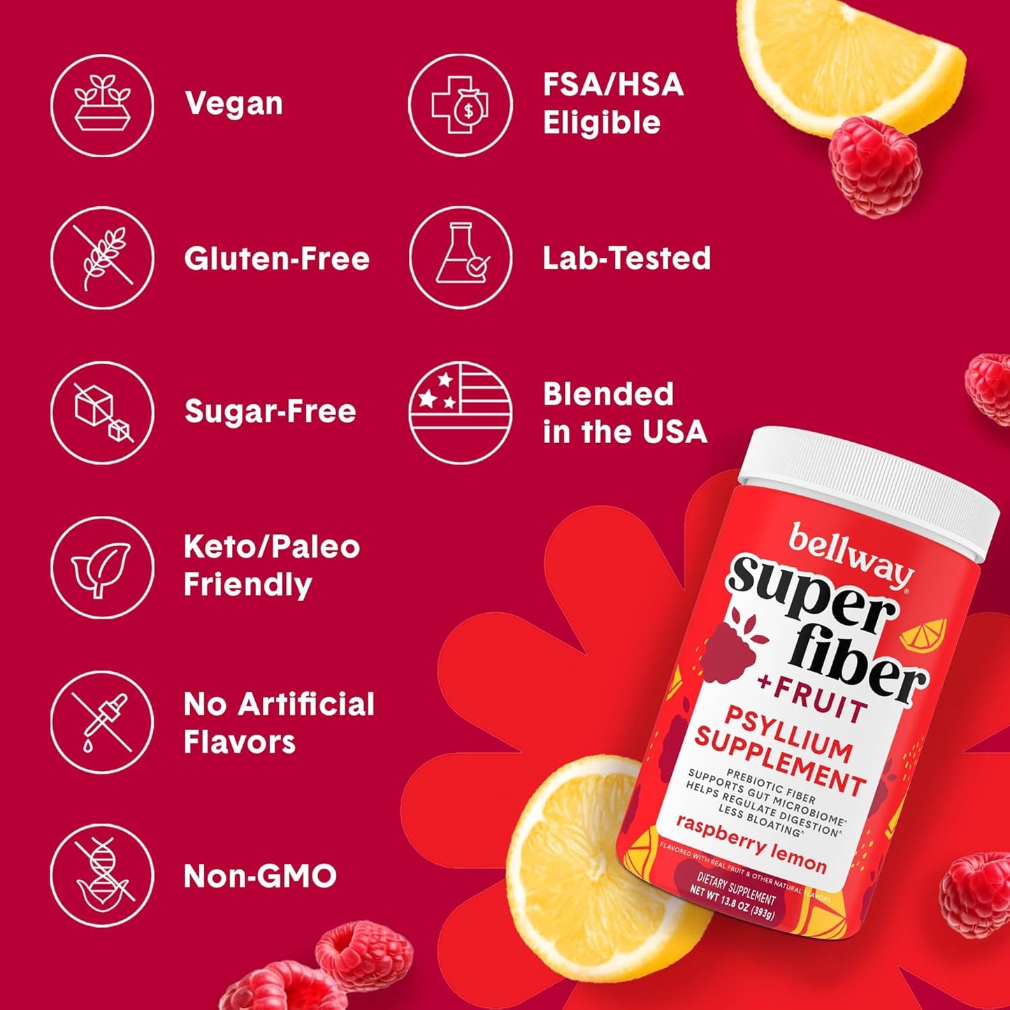 Organic Bellway Super Fiber Powder with Fruit (3 Pack) - Sugar-Free Psyllium Husk Supplement for Gut Health, Regularity, Bloating Relief - Non-GMO, Plant-Based Raspberry Lemon Flavor (150 Servings)