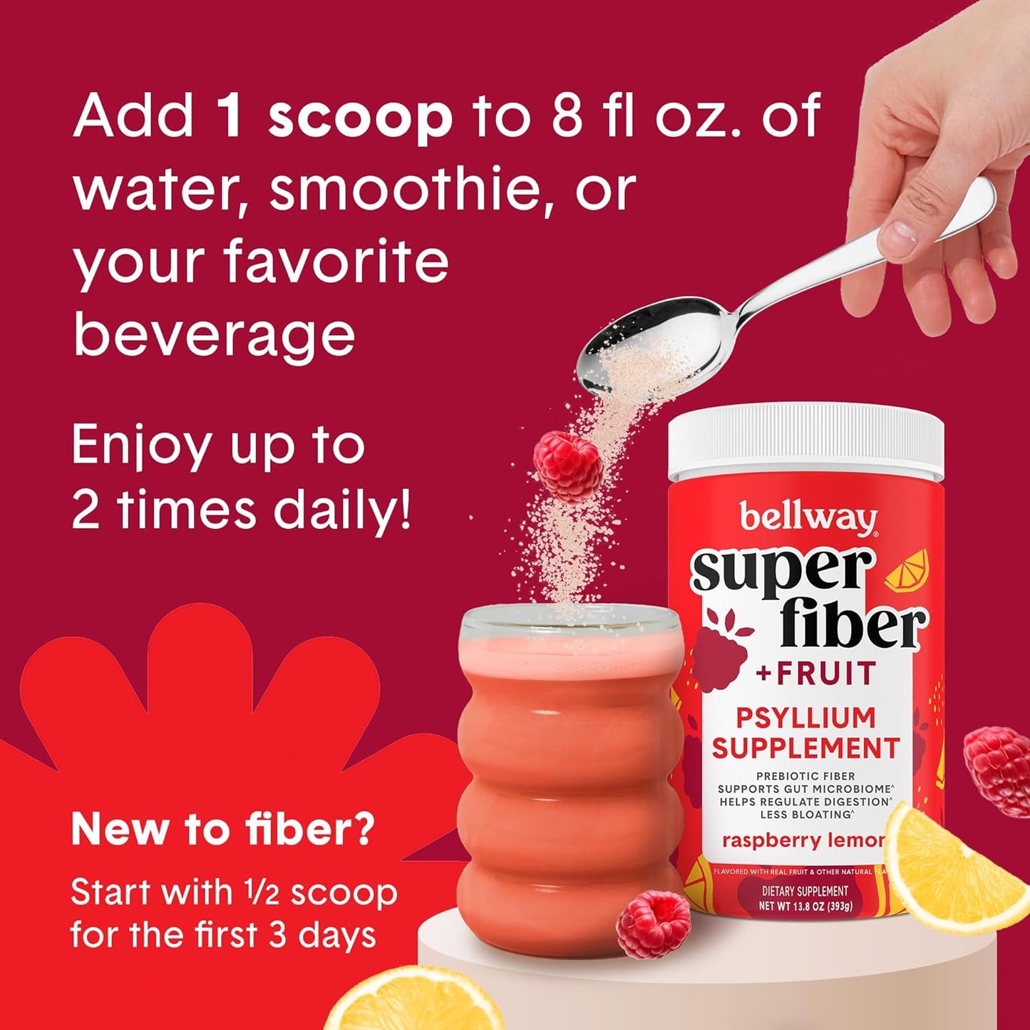 Organic Bellway Super Fiber Powder with Fruit (3 Pack) - Sugar-Free Psyllium Husk Supplement for Gut Health, Regularity, Bloating Relief - Non-GMO, Plant-Based Raspberry Lemon Flavor (150 Servings)