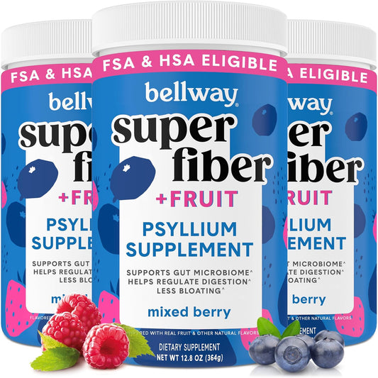 Organic Bellway Super Fiber Powder with Fruit Mix (3 Pack) - Sugar Free Psyllium Husk Supplement for Regularity, Bloating Relief & Gut Health - Non-GMO Plant-Based Formula - Mixed Berry Flavor (150 Servings)