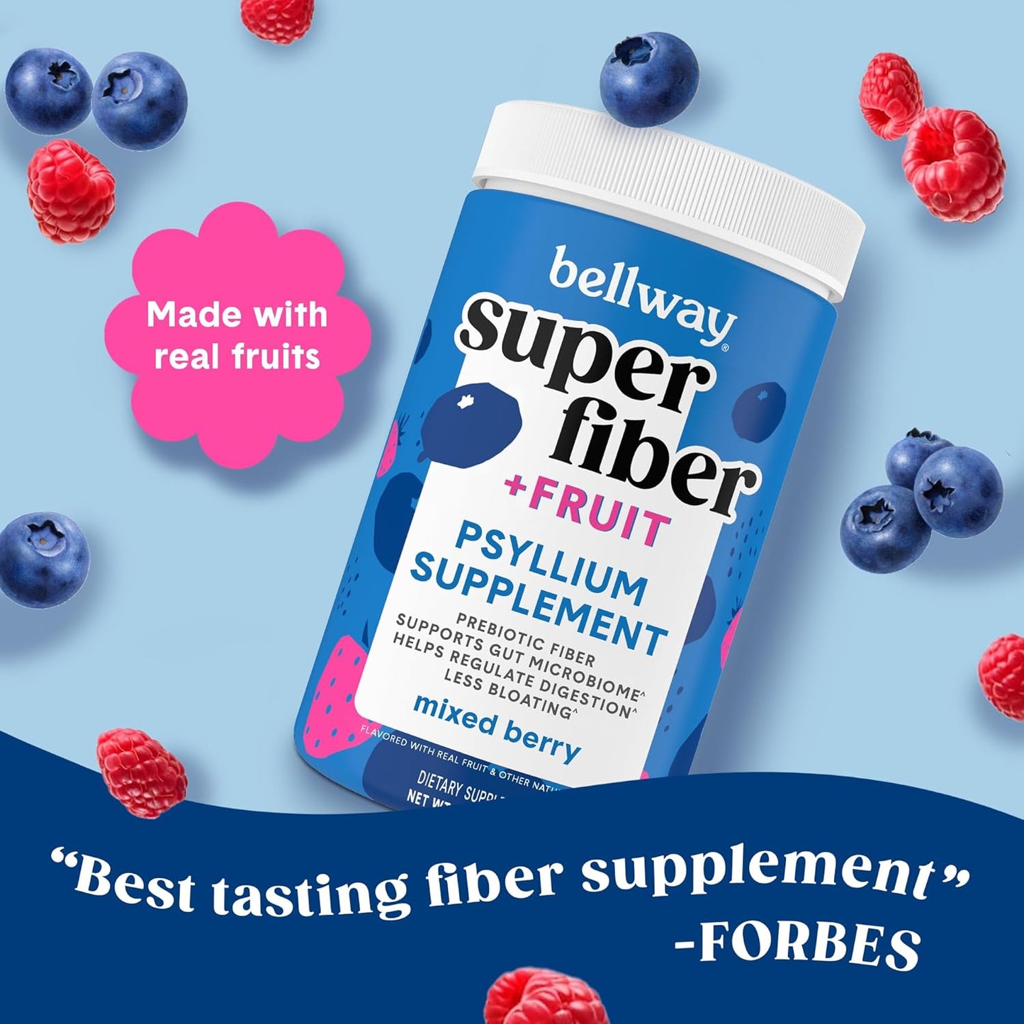 Organic Bellway Super Fiber Powder with Fruit Mix (3 Pack) - Sugar Free Psyllium Husk Supplement for Regularity, Bloating Relief & Gut Health - Non-GMO Plant-Based Formula - Mixed Berry Flavor (150 Servings)