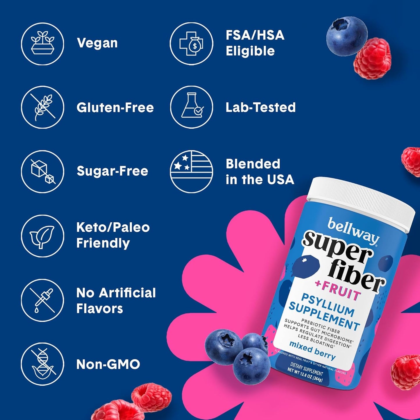 Organic Bellway Super Fiber Powder with Fruit Mix (3 Pack) - Sugar Free Psyllium Husk Supplement for Regularity, Bloating Relief & Gut Health - Non-GMO Plant-Based Formula - Mixed Berry Flavor (150 Servings)