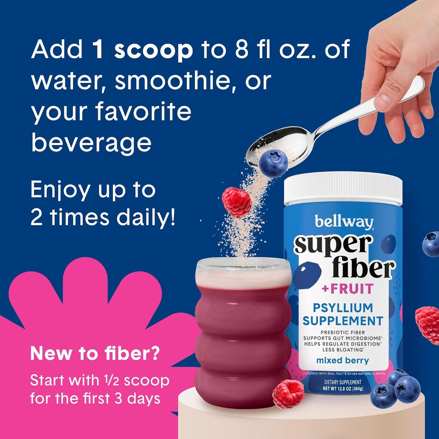 Organic Bellway Super Fiber Powder with Fruit Mix (3 Pack) - Sugar Free Psyllium Husk Supplement for Regularity, Bloating Relief & Gut Health - Non-GMO Plant-Based Formula - Mixed Berry Flavor (150 Servings)