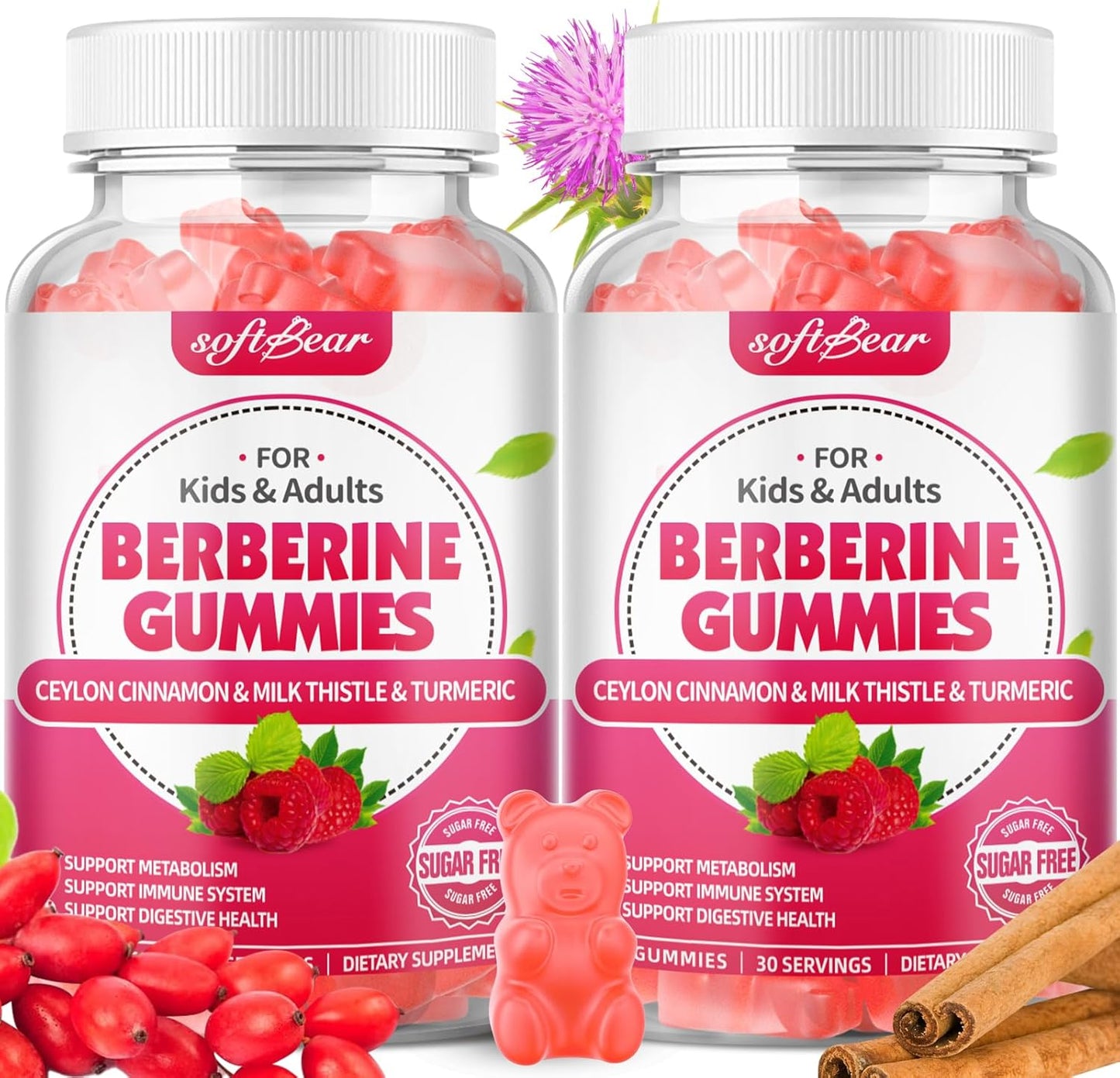 Organic Berberine 1500mg Gummies with Ceylon Cinnamon and Milk Thistle - Metabolism & Immune Health Support - Raspberry Flavor - 120 Count