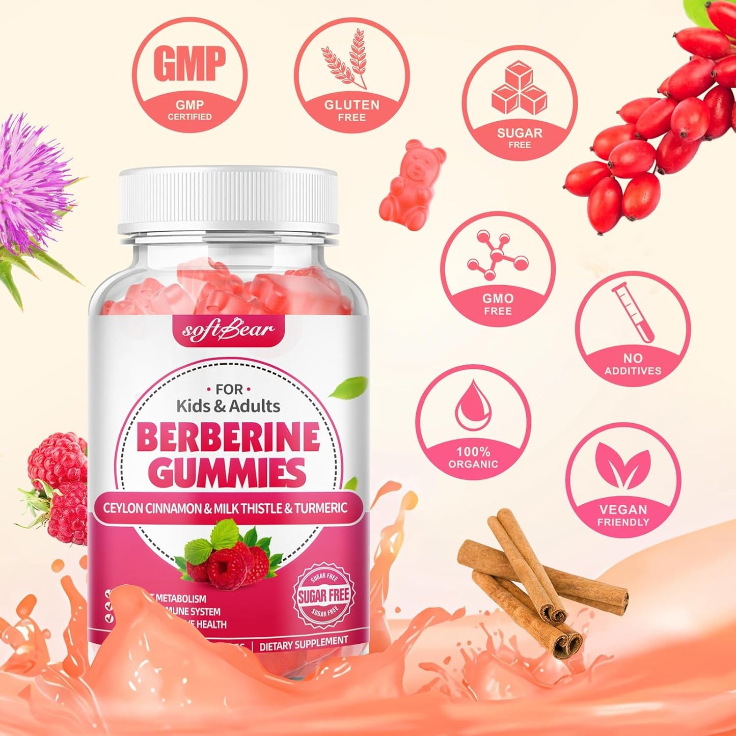 Organic Berberine 1500mg Gummies with Ceylon Cinnamon and Milk Thistle - Metabolism & Immune Health Support - Raspberry Flavor - 120 Count