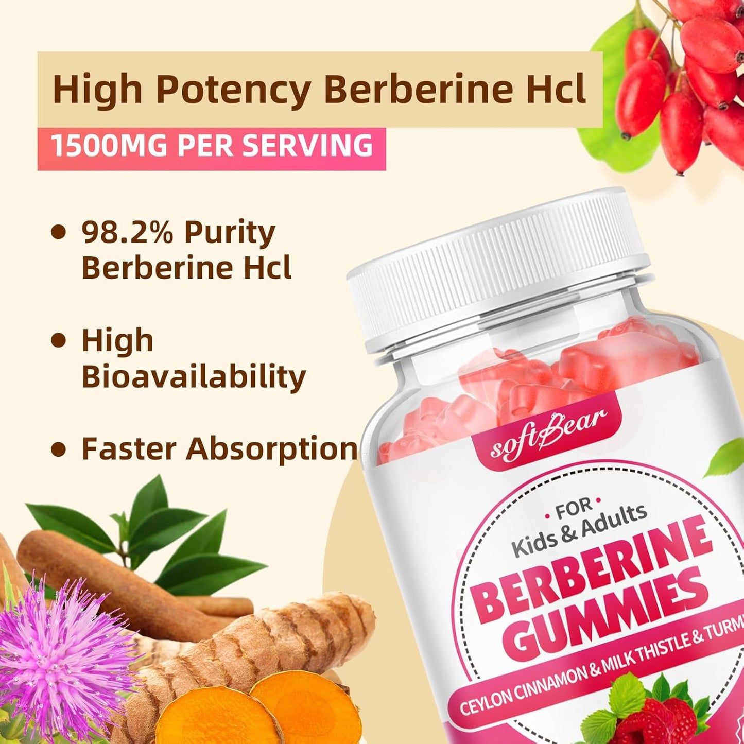 Organic Berberine 1500mg Gummies with Ceylon Cinnamon and Milk Thistle - Metabolism & Immune Health Support - Raspberry Flavor - 120 Count