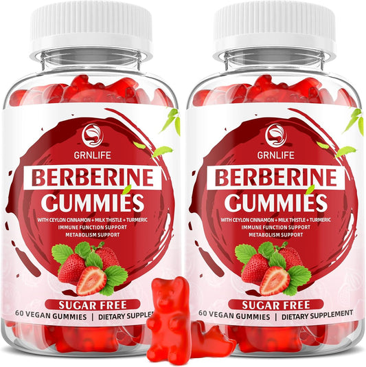 Organic Berberine Gummies with Ceylon Cinnamon - Immune & Metabolism Support - 1500mg High Potency Berberine HCL - Sugar Free - Strawberry Flavor - 120 Count