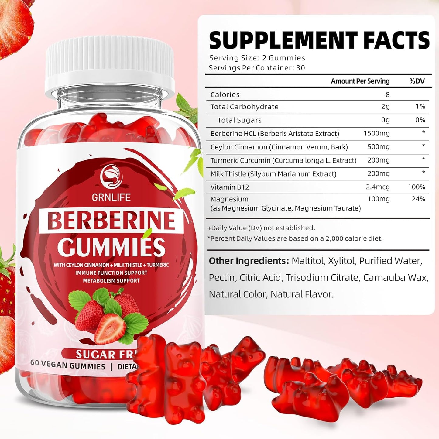 Organic Berberine Gummies with Ceylon Cinnamon - Immune & Metabolism Support - 1500mg High Potency Berberine HCL - Sugar Free - Strawberry Flavor - 120 Count
