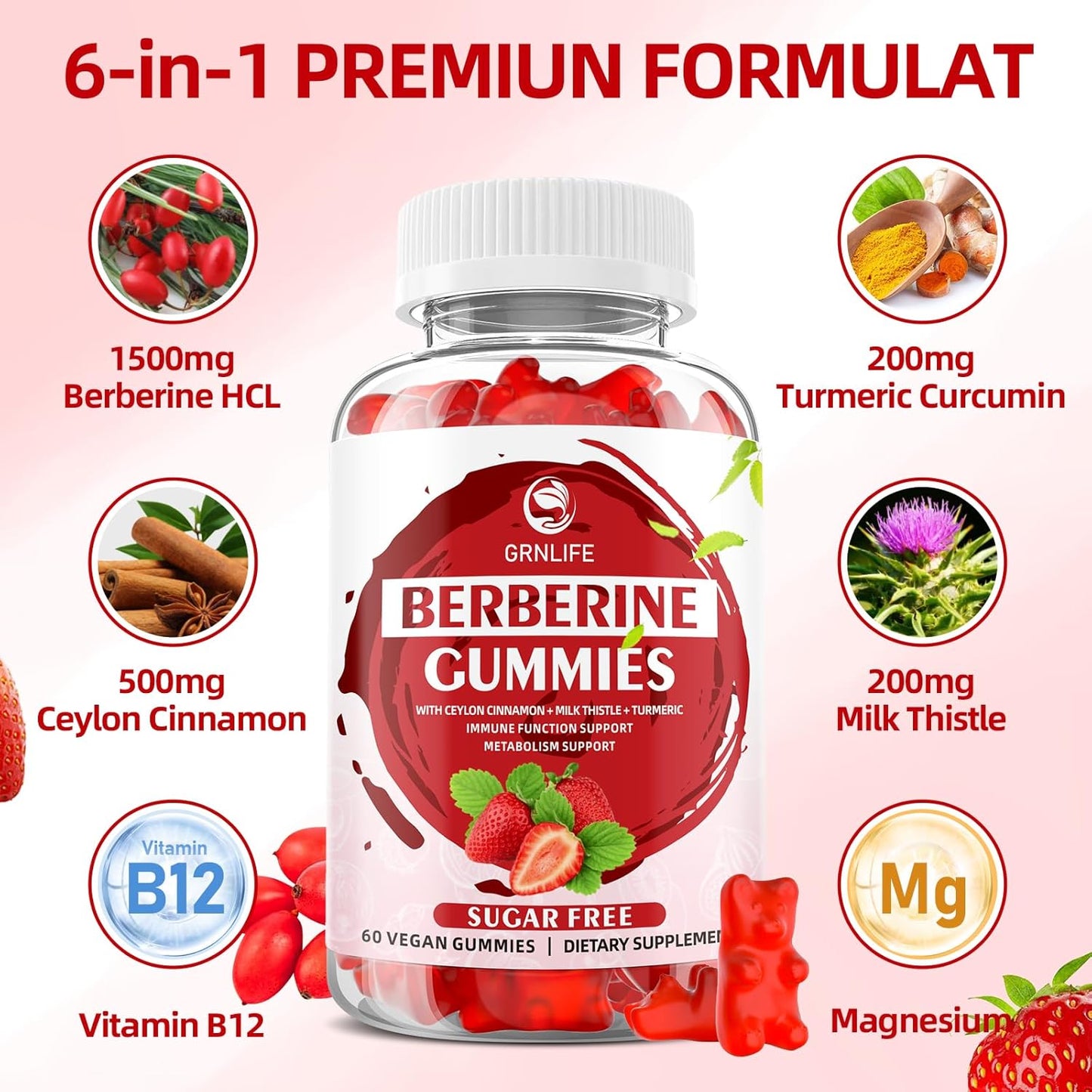 Organic Berberine Gummies with Ceylon Cinnamon - Immune & Metabolism Support - 1500mg High Potency Berberine HCL - Sugar Free - Strawberry Flavor - 120 Count