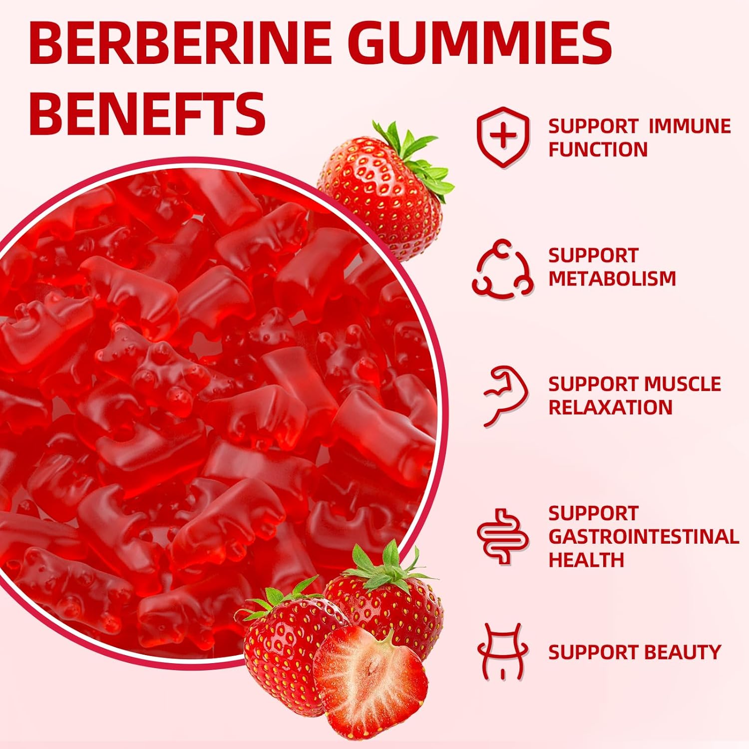 Organic Berberine Gummies with Ceylon Cinnamon - Immune & Metabolism Support - 1500mg High Potency Berberine HCL - Sugar Free - Strawberry Flavor - 120 Count