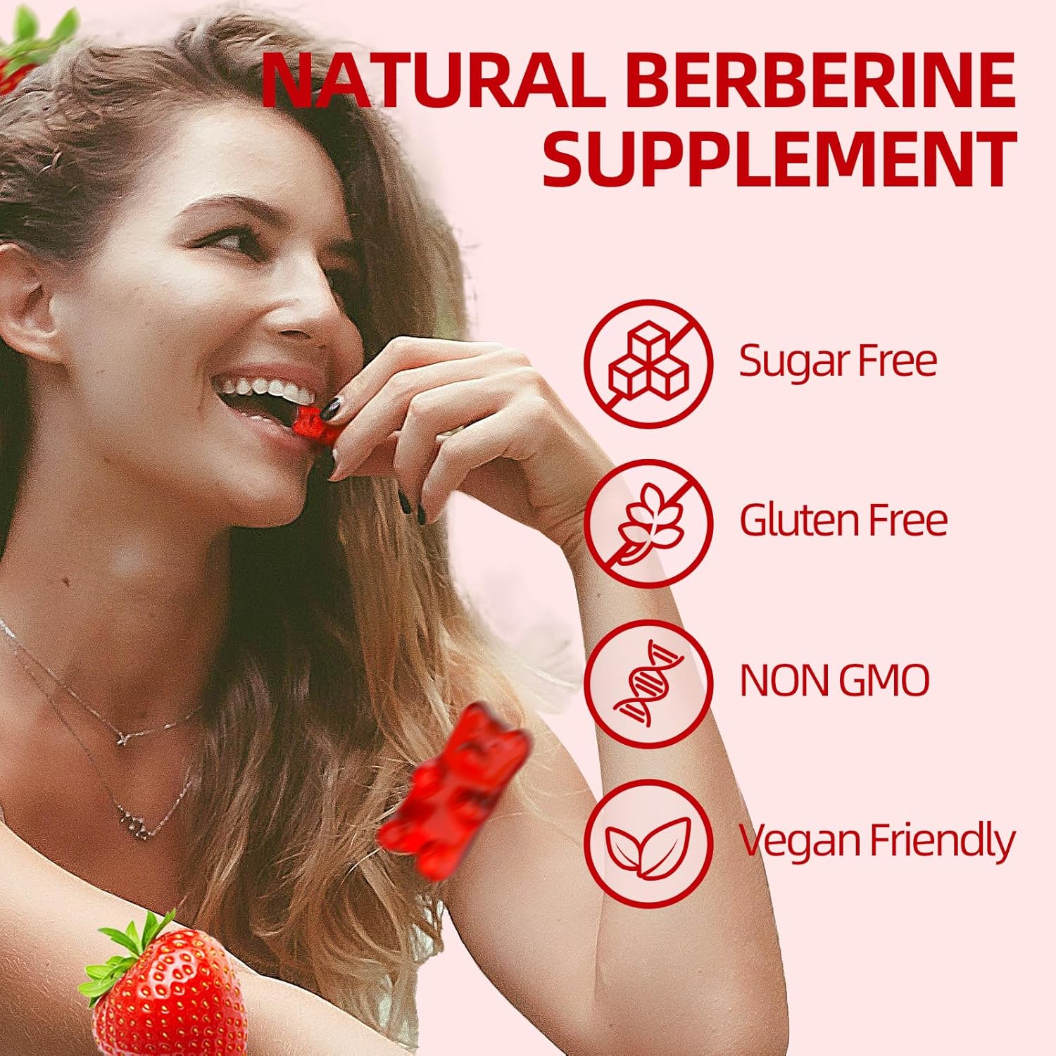 Organic Berberine Gummies with Ceylon Cinnamon - Immune & Metabolism Support - 1500mg High Potency Berberine HCL - Sugar Free - Strawberry Flavor - 120 Count