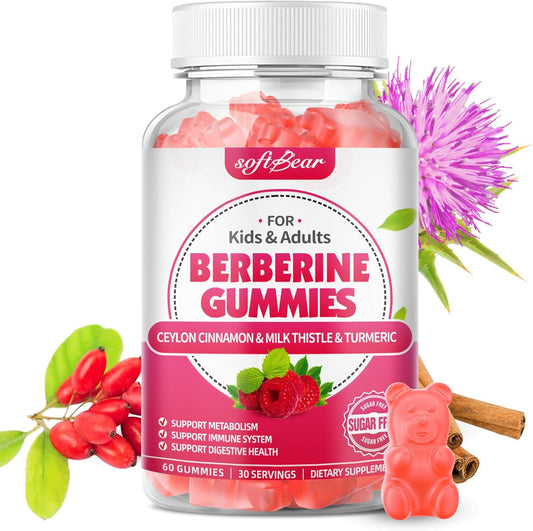 Organic Berberine Gummies with Ceylon Cinnamon and Milk Thistle - 1500mg Immune and Metabolism Support - Raspberry Flavor - 60 Count