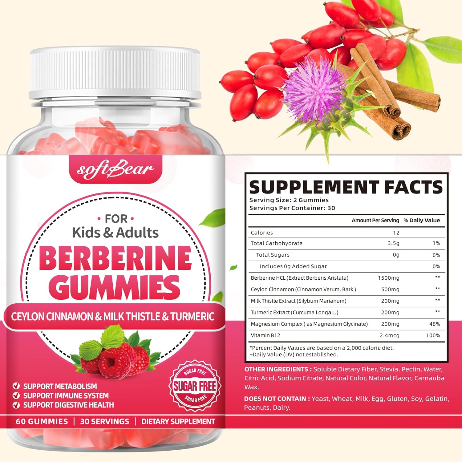 Organic Berberine Gummies with Ceylon Cinnamon and Milk Thistle - 1500mg Immune and Metabolism Support - Raspberry Flavor - 60 Count